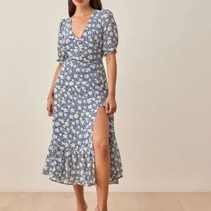 Reformation Blue Floral Nantes Midi Dress with Slit